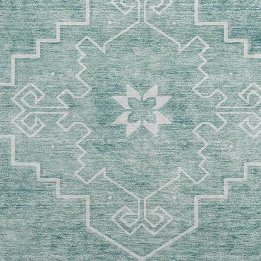 8' Aqua And Ivory Medallion Washable Round Rug With UV Protection Photo 3