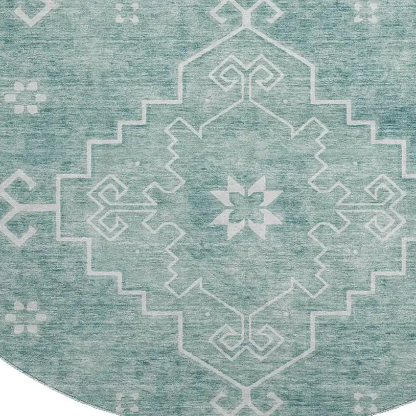 8' Aqua And Ivory Medallion Washable Round Rug With UV Protection Photo 4