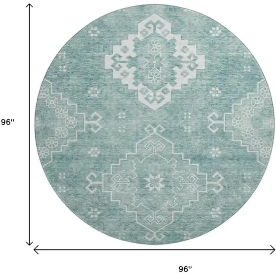8' Aqua And Ivory Medallion Washable Round Rug With UV Protection Photo 3