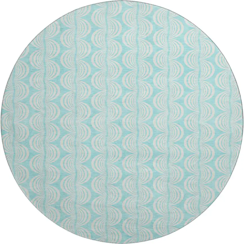 8' Aqua And Ivory Ogee Washable Round Rug With UV Protection Photo 1