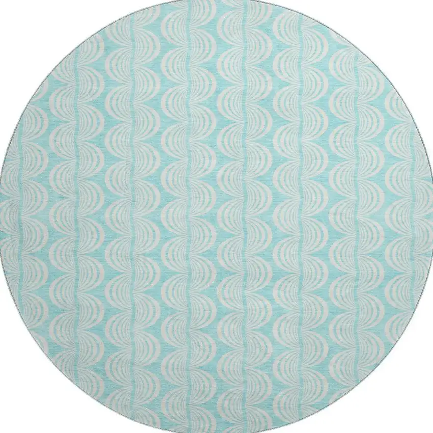 8' Aqua And Ivory Ogee Washable Round Rug With UV Protection Photo 2