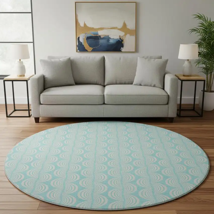 8' Aqua And Ivory Ogee Washable Round Rug With UV Protection Photo 2