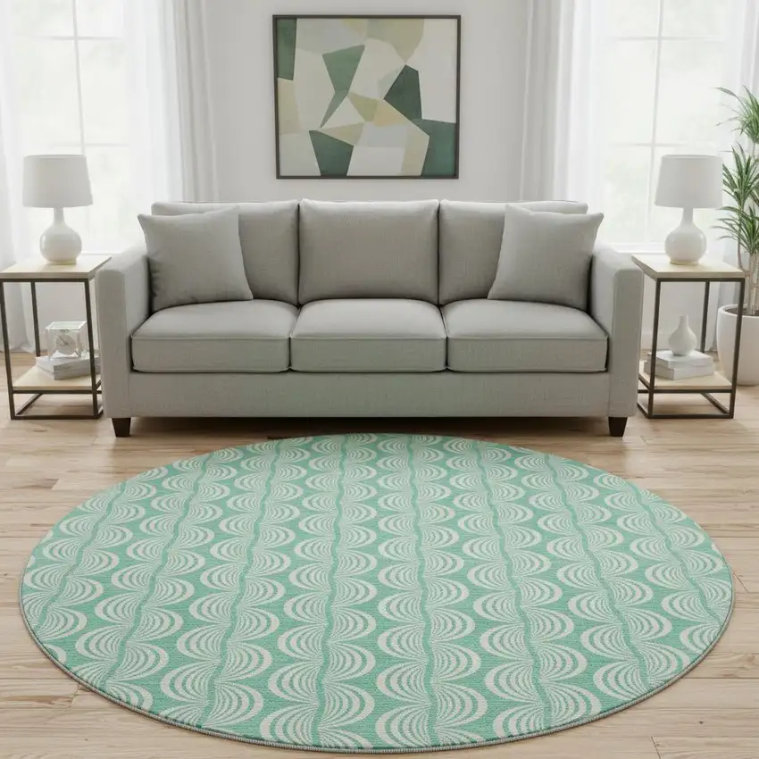 8' Aqua And Ivory Ogee Washable Round Rug With UV Protection Photo 2