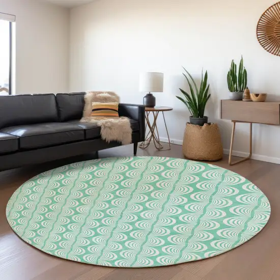 8' Aqua And Ivory Ogee Washable Round Rug With UV Protection Photo 4