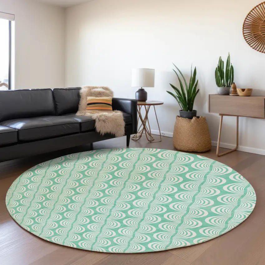 8' Aqua And Ivory Ogee Washable Round Rug With UV Protection Photo 4