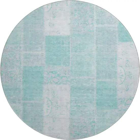 8' Aqua And Ivory Patchwork Washable Round Rug With UV Protection Photo 1