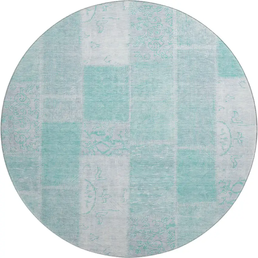 8' Aqua And Ivory Patchwork Washable Round Rug With UV Protection Photo 1