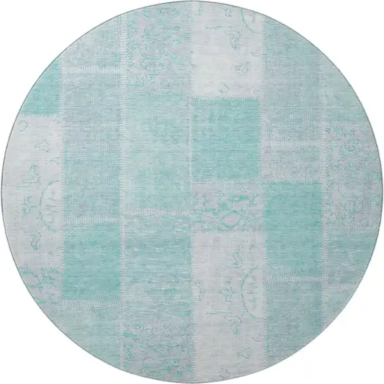 8' Aqua And Ivory Patchwork Washable Round Rug With UV Protection Photo 3