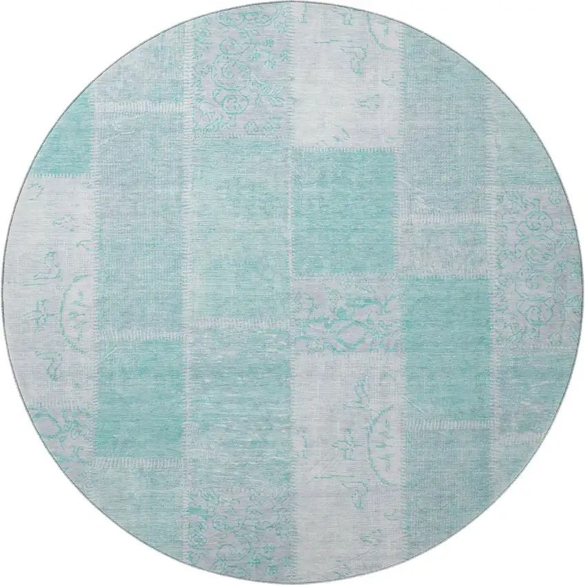 8' Aqua And Ivory Patchwork Washable Round Rug With UV Protection Photo 3