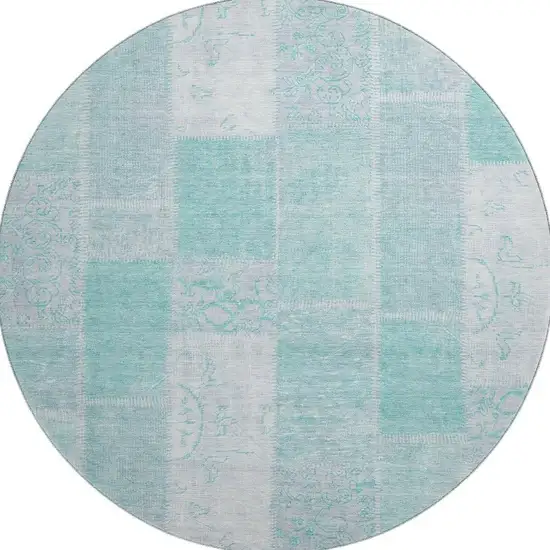 8' Aqua And Ivory Patchwork Washable Round Rug With UV Protection Photo 2