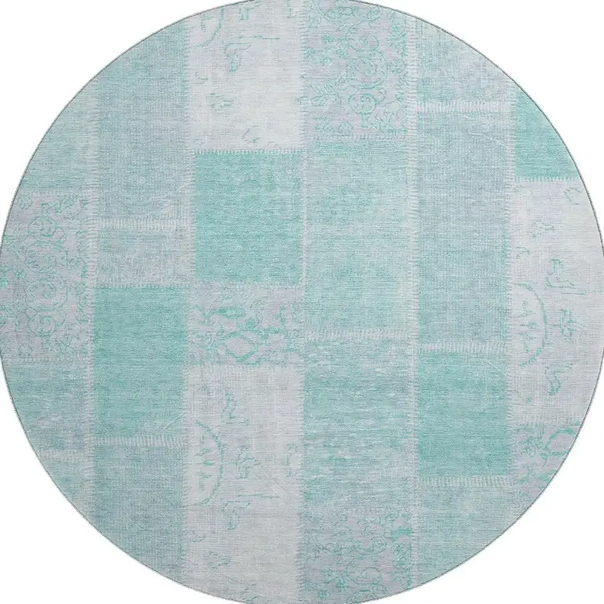 8' Aqua And Ivory Patchwork Washable Round Rug With UV Protection Photo 2
