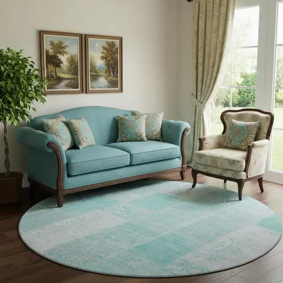 8' Aqua And Ivory Patchwork Washable Round Rug With UV Protection Photo 1