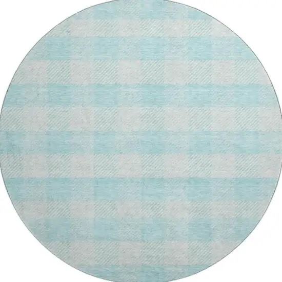 8' Aqua And Ivory Plaid Washable Round Rug With UV Protection Photo 3