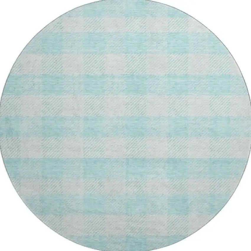 8' Aqua And Ivory Plaid Washable Round Rug With UV Protection Photo 3