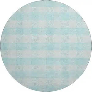 Photo of 8' Aqua And Ivory Plaid Washable Round Rug With UV Protection