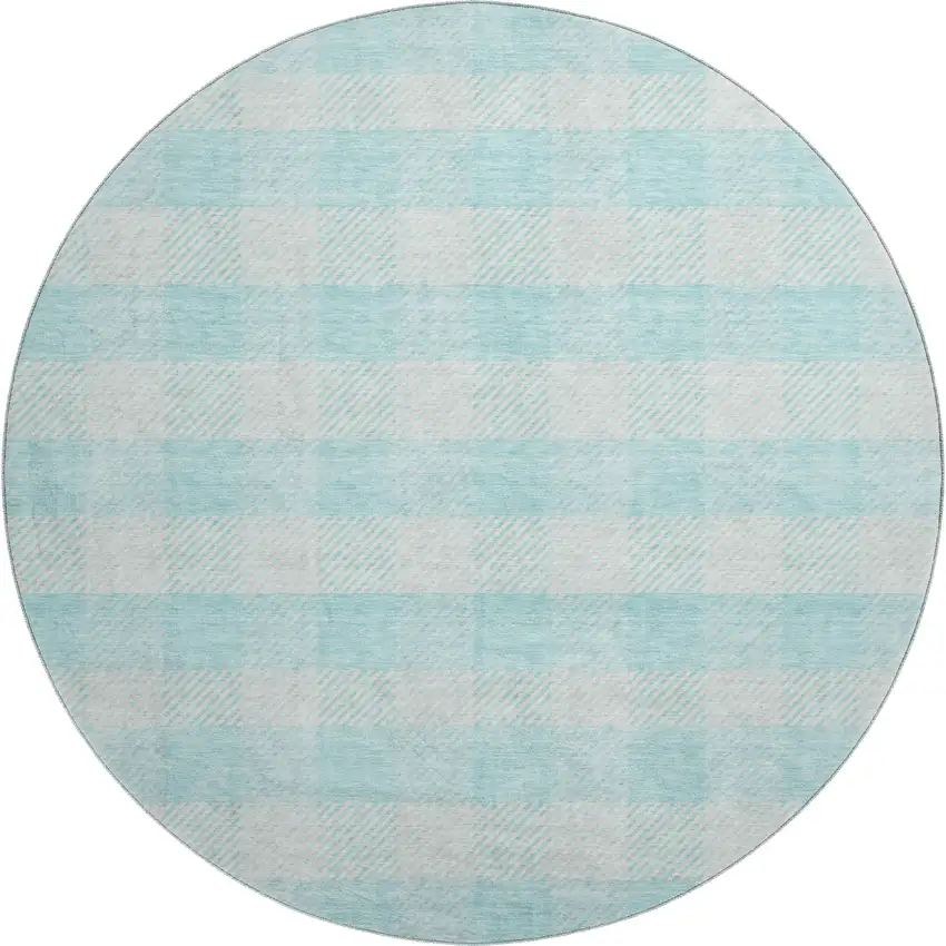 8' Aqua And Ivory Plaid Washable Round Rug With UV Protection Photo 1