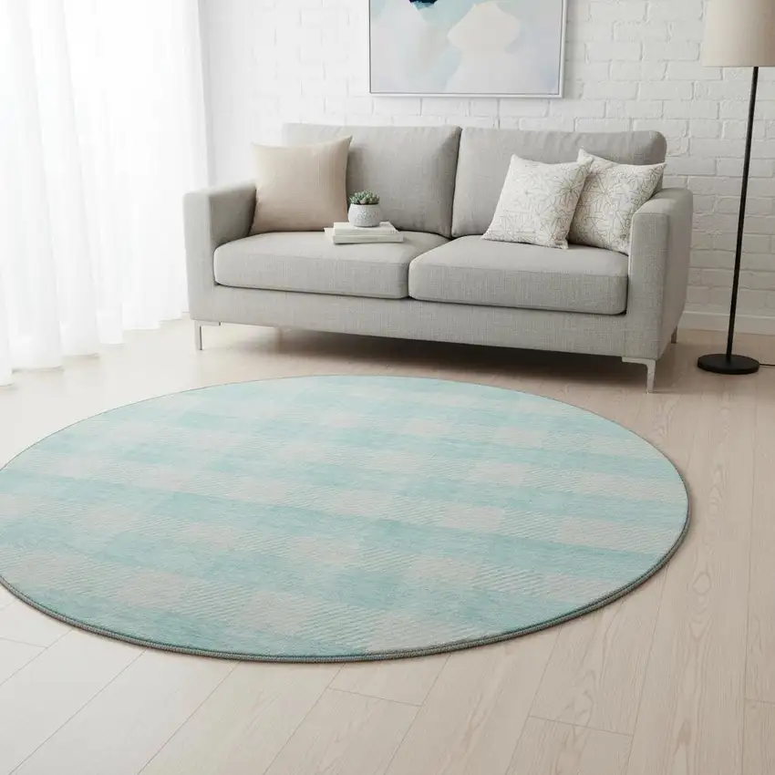8' Aqua And Ivory Plaid Washable Round Rug With UV Protection Photo 2