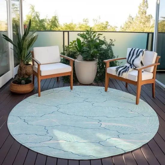 8' Aqua And Ivory Round Abstract Washable Indoor Outdoor Area Rug Photo 7