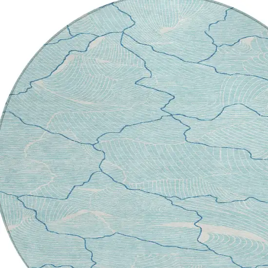 8' Aqua And Ivory Round Abstract Washable Indoor Outdoor Area Rug Photo 5