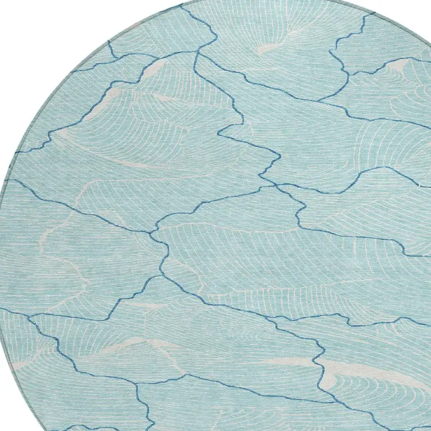 8' Aqua And Ivory Round Abstract Washable Indoor Outdoor Area Rug Photo 5