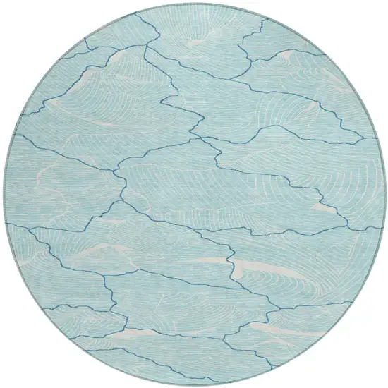 8' Aqua And Ivory Round Abstract Washable Indoor Outdoor Area Rug Photo 2