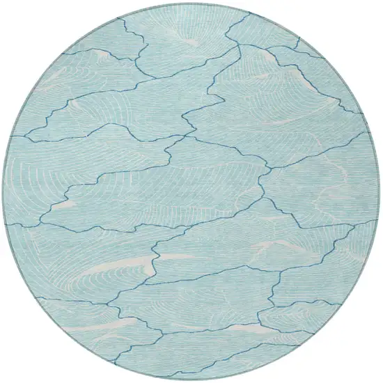 8' Aqua And Ivory Round Abstract Washable Indoor Outdoor Area Rug Photo 6