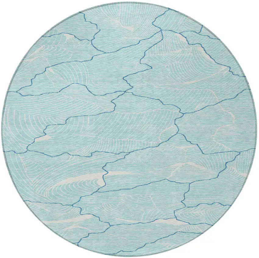 8' Aqua And Ivory Round Abstract Washable Indoor Outdoor Area Rug Photo 6