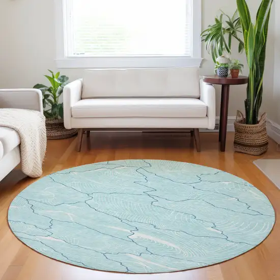 8' Aqua And Ivory Round Abstract Washable Indoor Outdoor Area Rug Photo 8