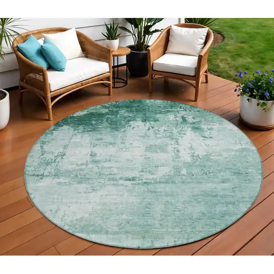 8' Aqua And Ivory Round Abstract Washable Indoor Outdoor Area Rug Photo 2