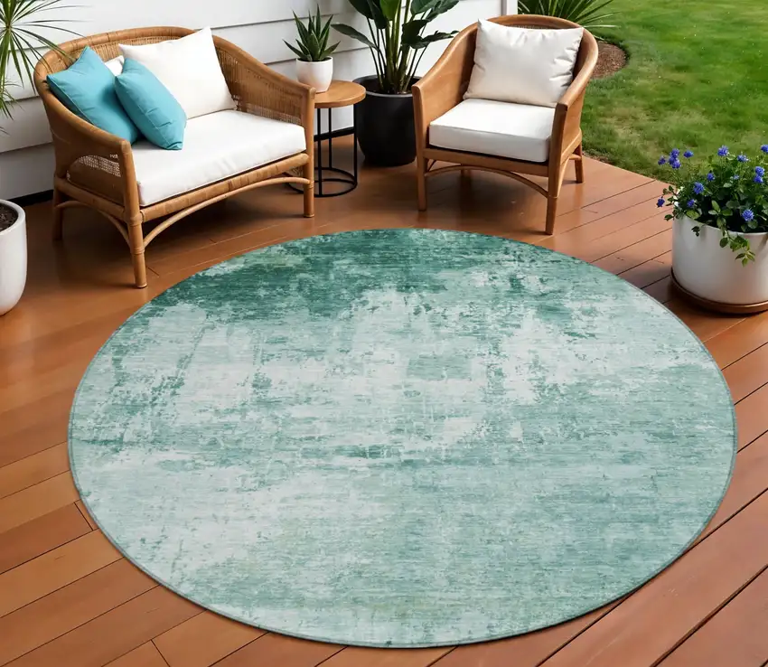 8' Aqua And Ivory Round Abstract Washable Indoor Outdoor Area Rug Photo 2