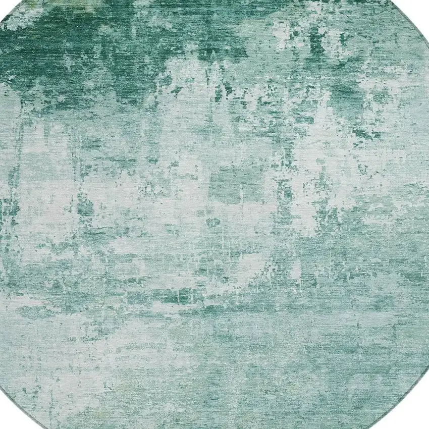 8' Aqua And Ivory Round Abstract Washable Indoor Outdoor Area Rug Photo 4