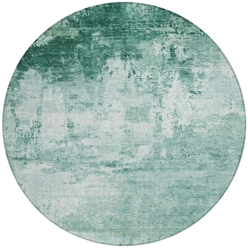 8' Aqua And Ivory Round Abstract Washable Indoor Outdoor Area Rug Photo 3