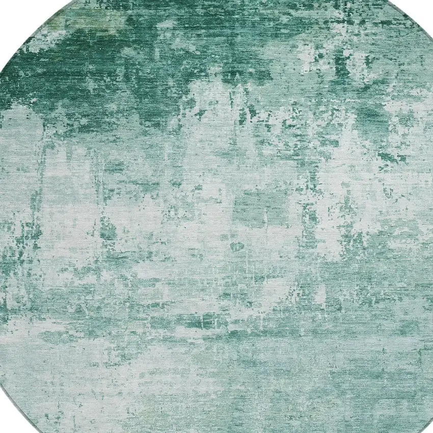 8' Aqua And Ivory Round Abstract Washable Indoor Outdoor Area Rug Photo 8