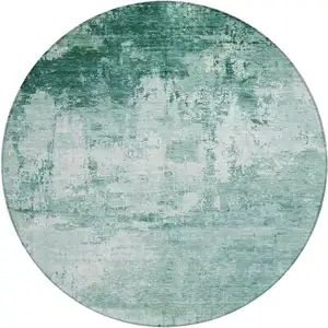 Photo of 8' Aqua And Ivory Round Abstract Washable Indoor Outdoor Area Rug