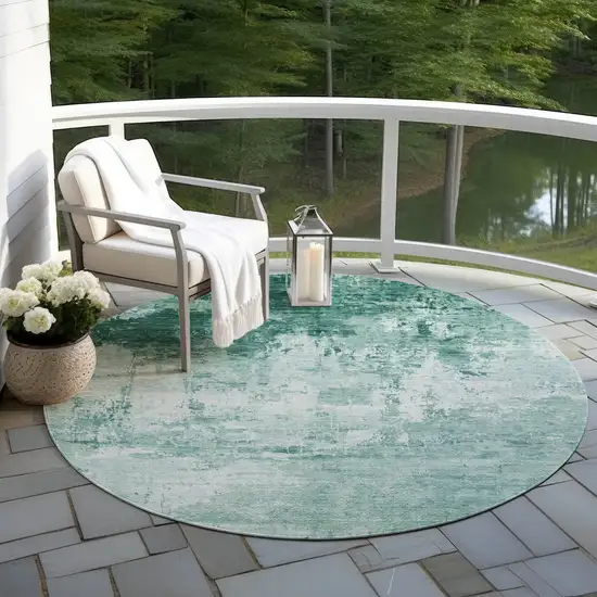 8' Aqua And Ivory Round Abstract Washable Indoor Outdoor Area Rug Photo 5