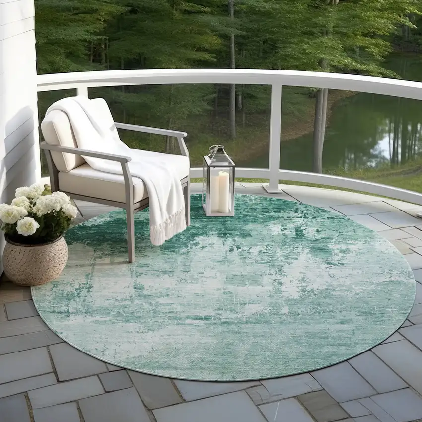 8' Aqua And Ivory Round Abstract Washable Indoor Outdoor Area Rug Photo 5