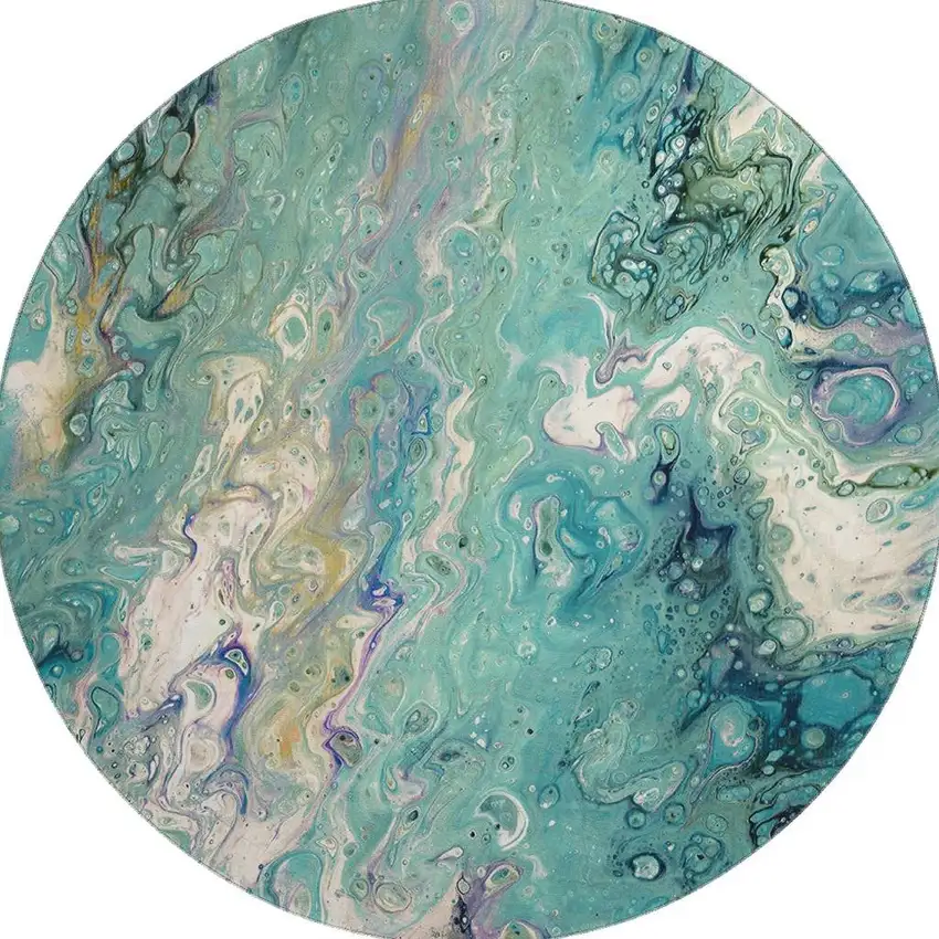 8' Aqua And Ivory Round Abstract Washable Indoor Outdoor Area Rug Photo 4