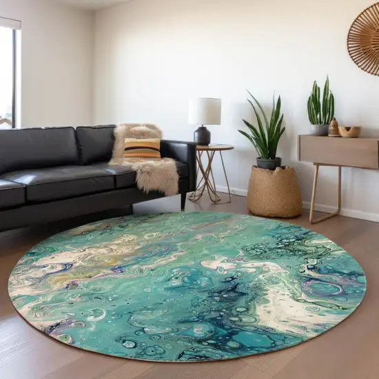 8' Aqua And Ivory Round Abstract Washable Indoor Outdoor Area Rug Photo 7