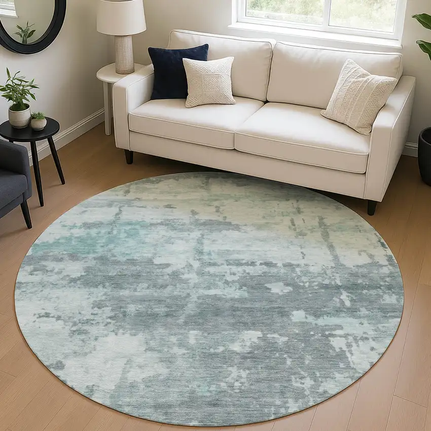 8' Aqua And Ivory Round Abstract Washable Indoor Outdoor Area Rug Photo 5