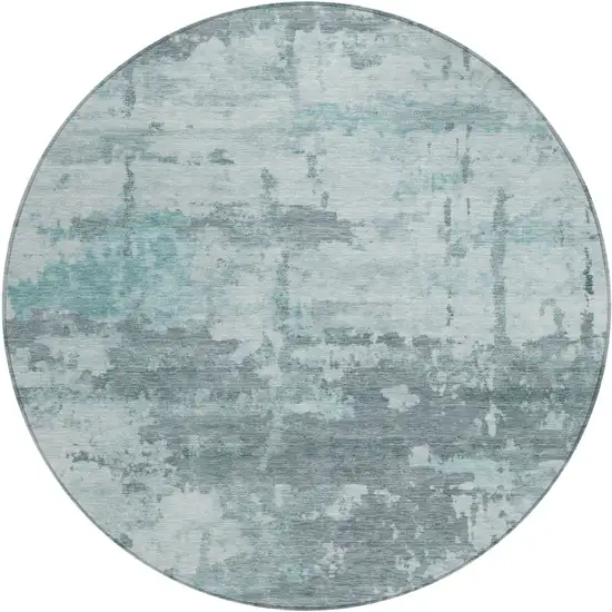 8' Aqua And Ivory Round Abstract Washable Indoor Outdoor Area Rug Photo 1