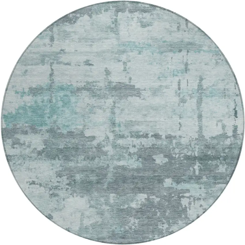 8' Aqua And Ivory Round Abstract Washable Indoor Outdoor Area Rug Photo 1