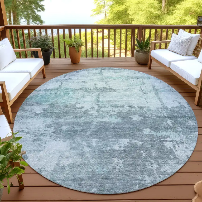 8' Aqua And Ivory Round Abstract Washable Indoor Outdoor Area Rug Photo 4