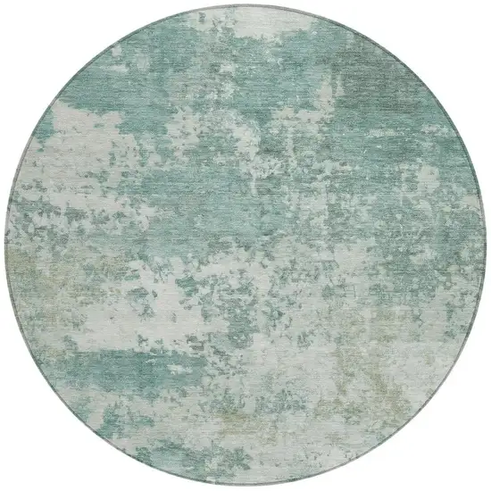 8' Aqua And Ivory Round Abstract Washable Indoor Outdoor Area Rug Photo 3