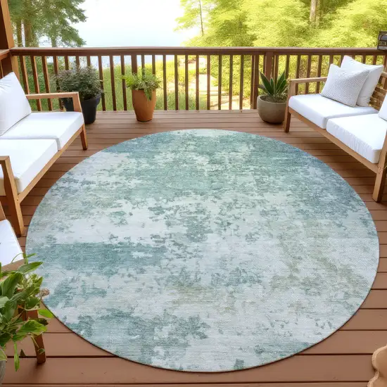 8' Aqua And Ivory Round Abstract Washable Indoor Outdoor Area Rug Photo 4