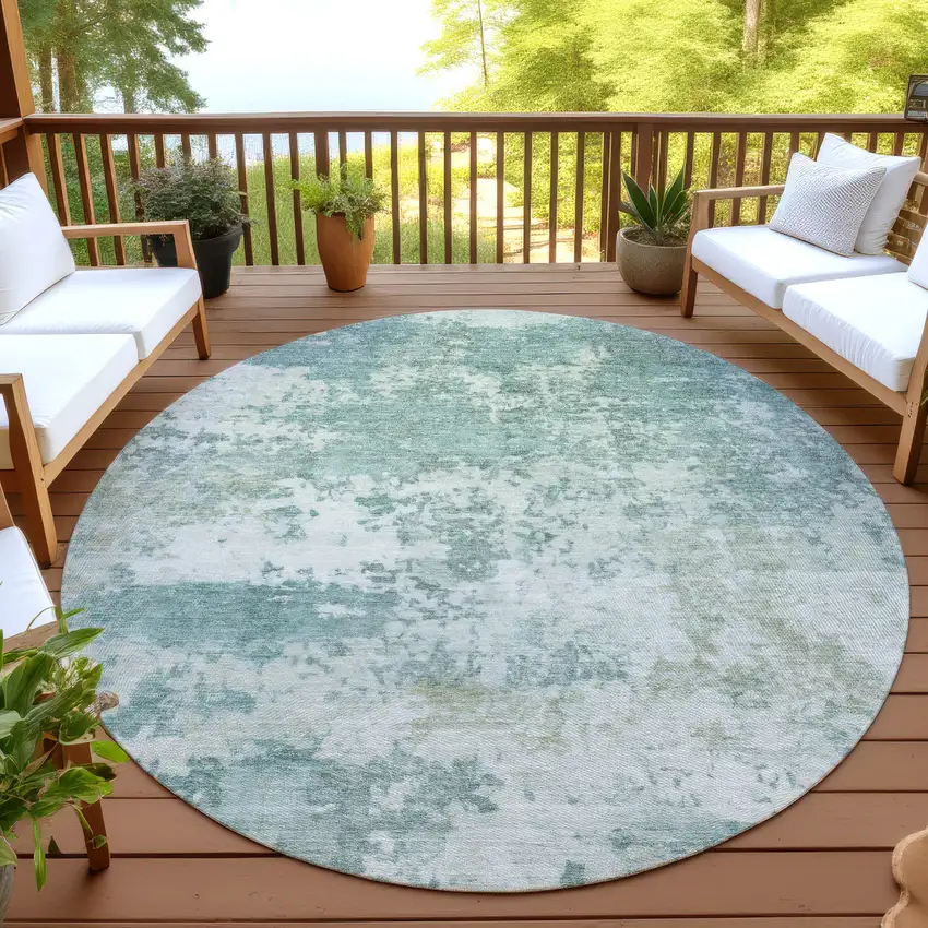 8' Aqua And Ivory Round Abstract Washable Indoor Outdoor Area Rug Photo 4