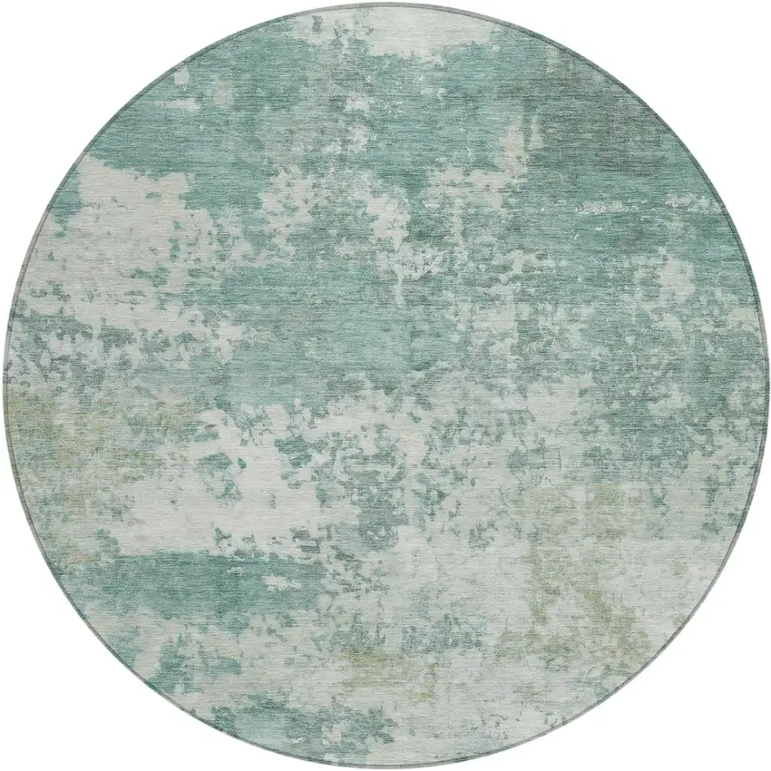 8' Aqua And Ivory Round Abstract Washable Indoor Outdoor Area Rug Photo 1
