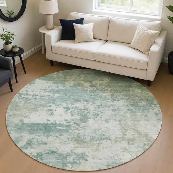 8' Aqua And Ivory Round Abstract Washable Indoor Outdoor Area Rug Photo 5