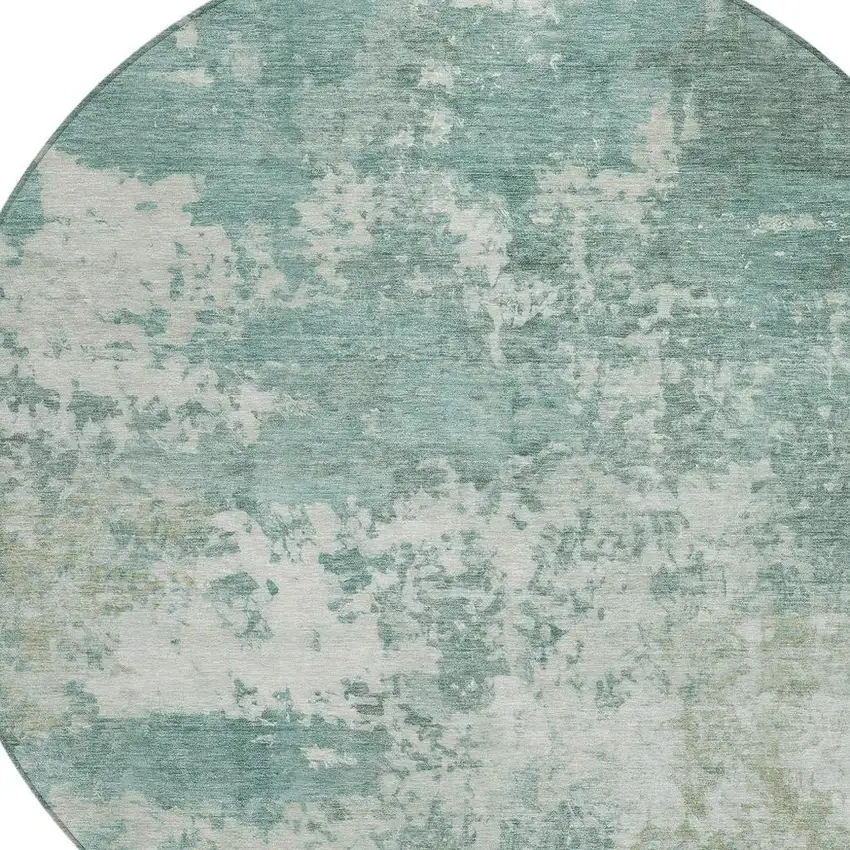 8' Aqua And Ivory Round Abstract Washable Indoor Outdoor Area Rug Photo 2
