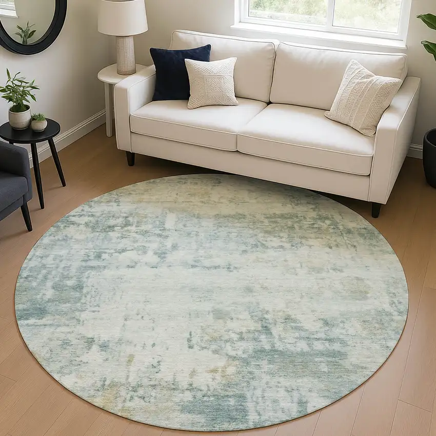 8' Aqua And Ivory Round Abstract Washable Indoor Outdoor Area Rug Photo 5