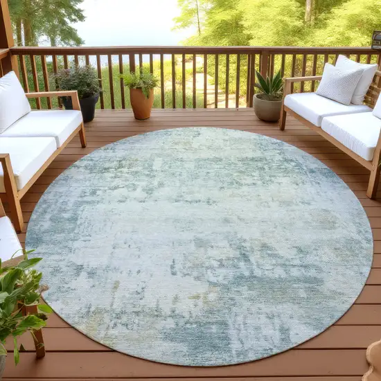 8' Aqua And Ivory Round Abstract Washable Indoor Outdoor Area Rug Photo 4
